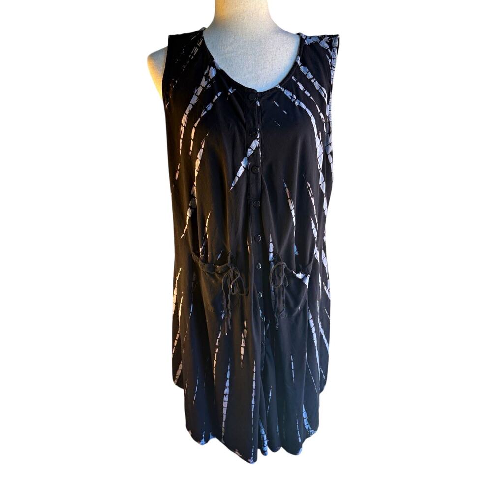Sleeveless Black Midi Dress with Abstract White Stripe Pattern